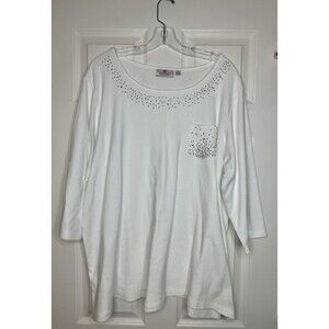 EXCELLENT Quacker Factory white gemstone rhinestone womens top shirt 3X XXXL 3XL